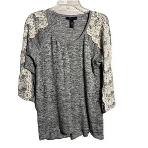 Style & Co Grey‎ Sweater With Lace Accents Large 31" Tunic Women's 3/4 Sleeve
